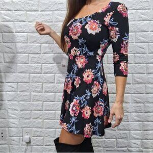 Black Floral Dress with Three Quarter Sleeves and Crochet Back Panel